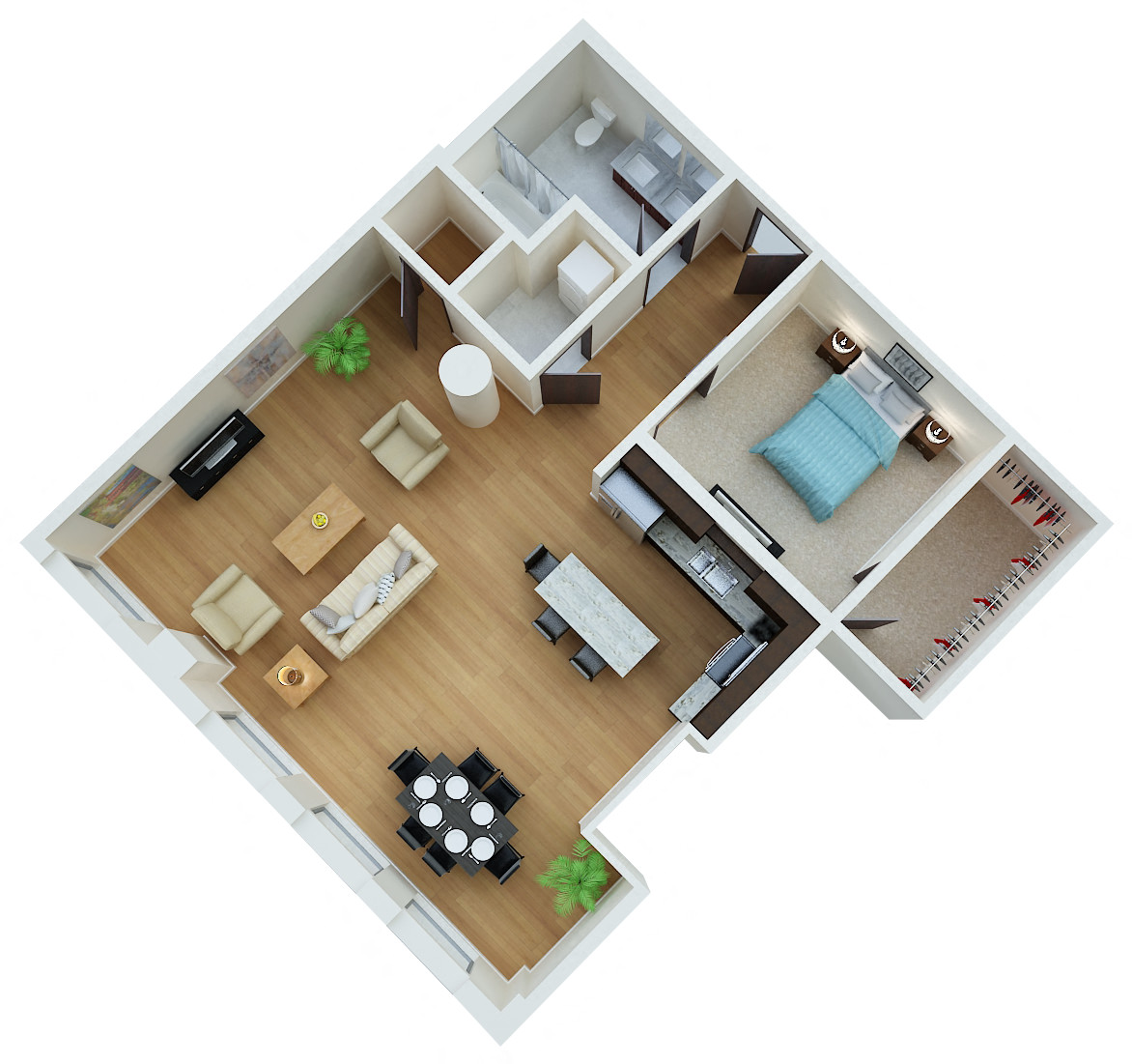 Floor plan for 1 bed, 1 bath, 1030 sqft